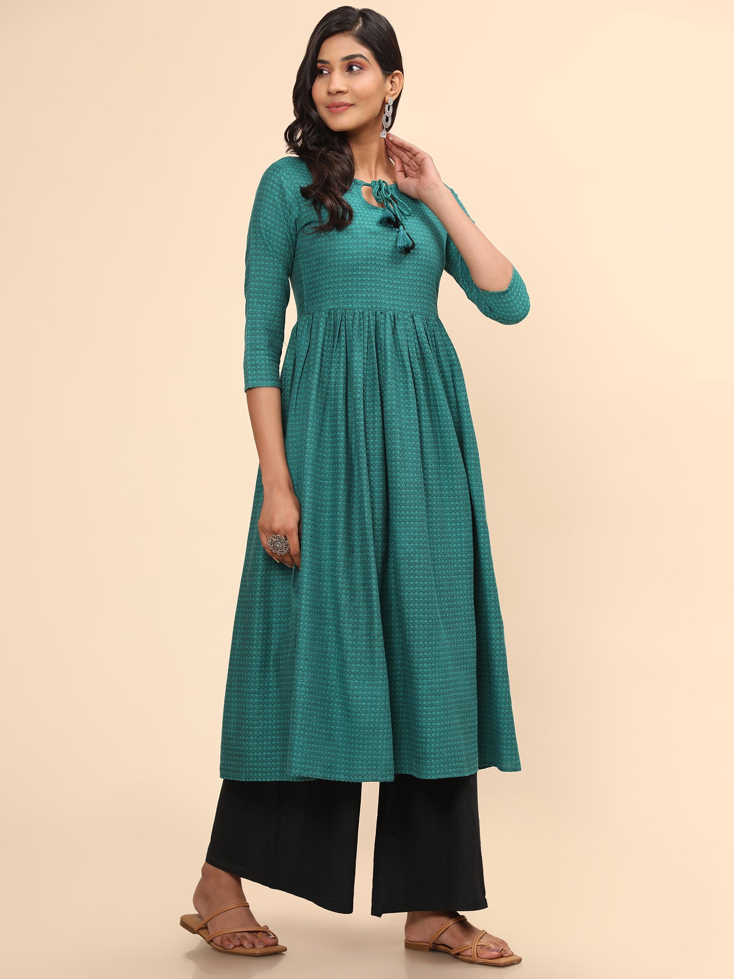 Women's Printed A-Line Yarn Dyed Turquoise Stitched Kurta - Vbuyz