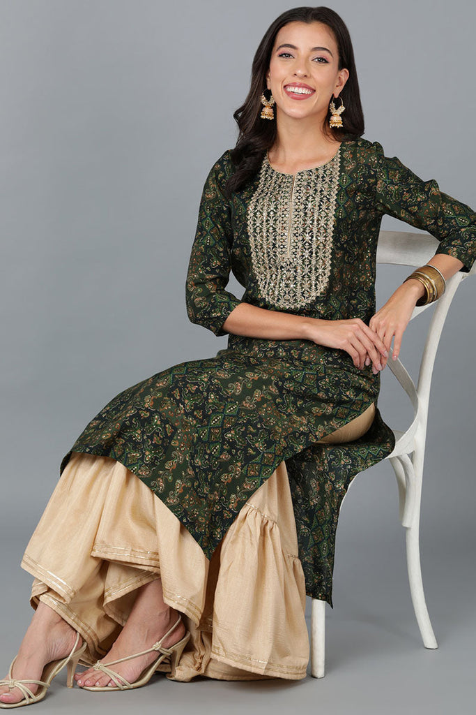 Women's Silk Blend Yoke Design Abstract Printed Kurta