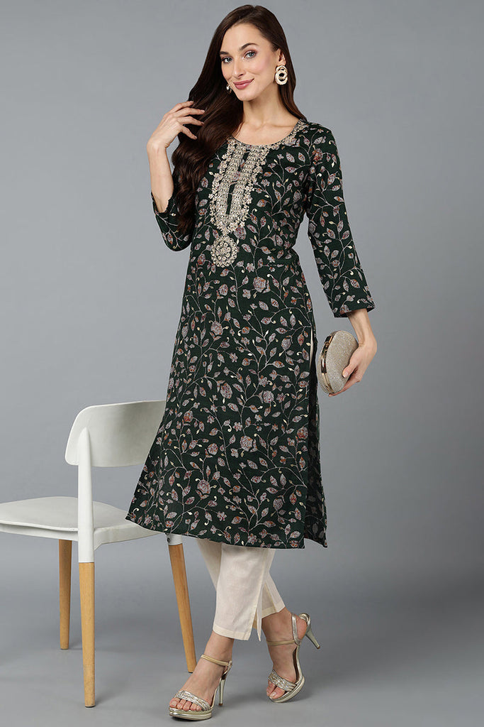 Women's Silk Blend Green Printed Regular Fit Kurta
