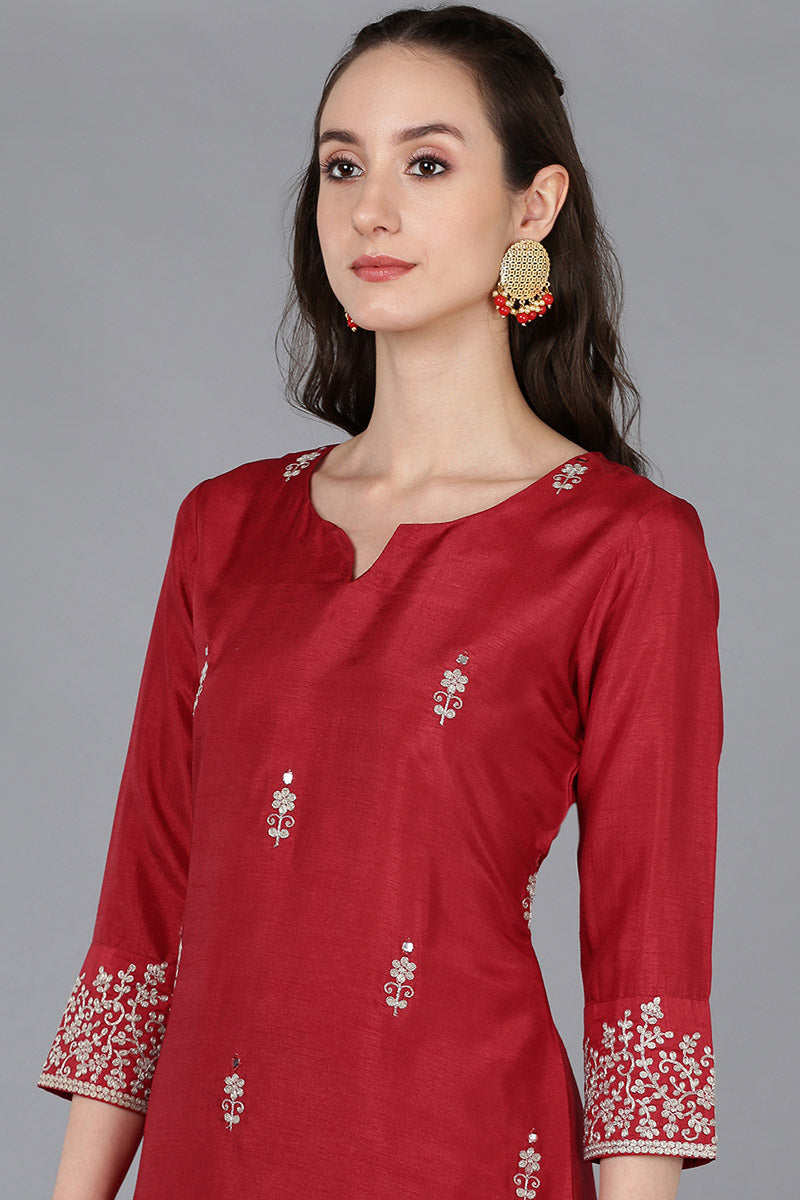 Women's Silk Blend Solid Embroidered Kurta - Ahika