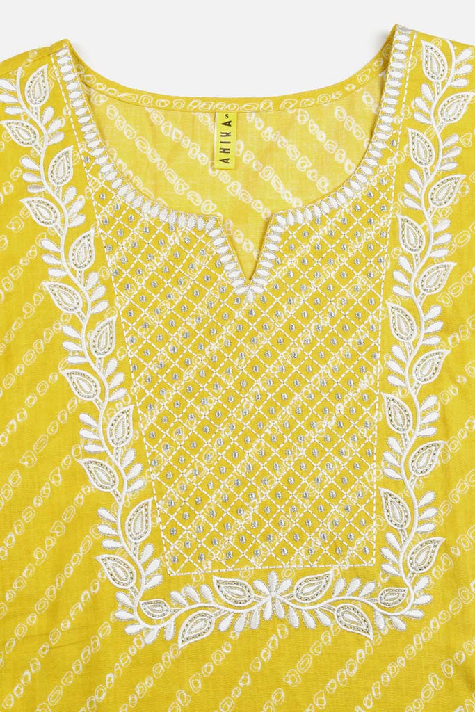 Women's Cotton Embroidered Bandhani Printed Kurta