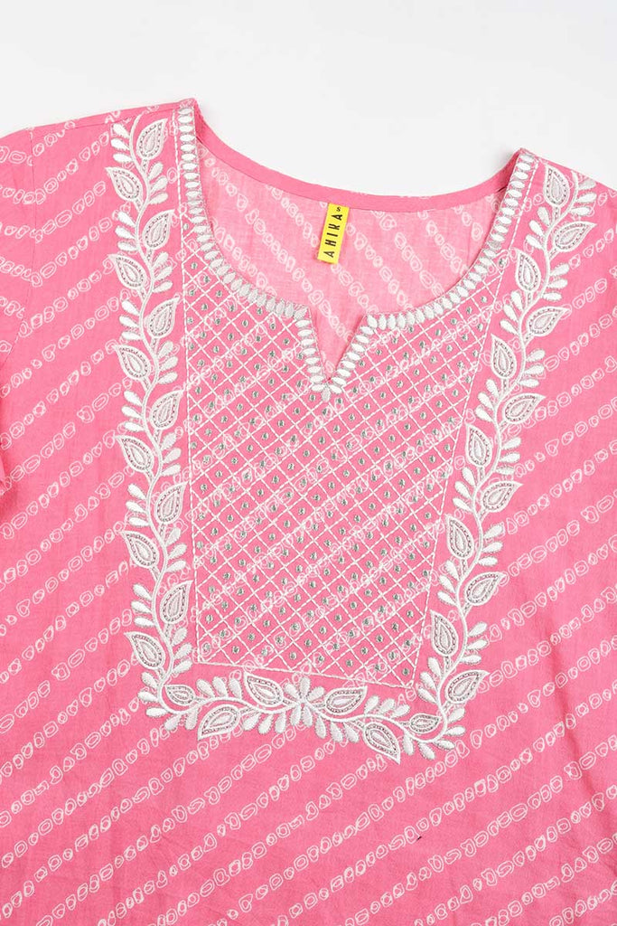 Women's Cotton Embroidered Bandhani Printed Kurta