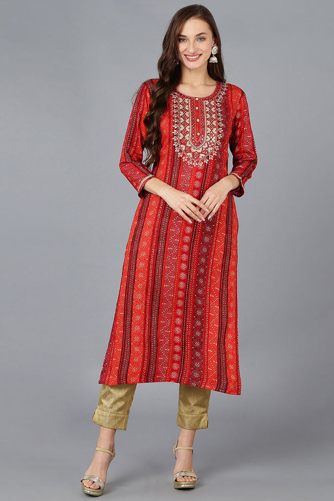 Women's Viscose Rayon Embroidered Geometric Printed Kurta