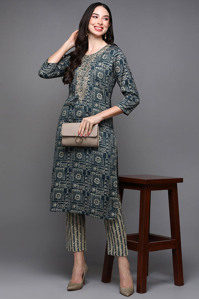 Women's Silk Blend Navy Blue Printed Regular Fit Kurta