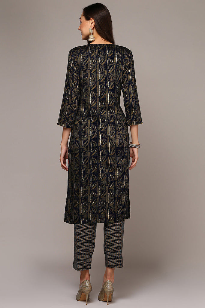 Women's Blue Silk Blend Ethnic Motifs Straight Kurta