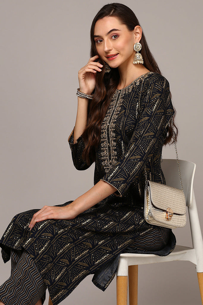 Women's Blue Silk Blend Ethnic Motifs Straight Kurta