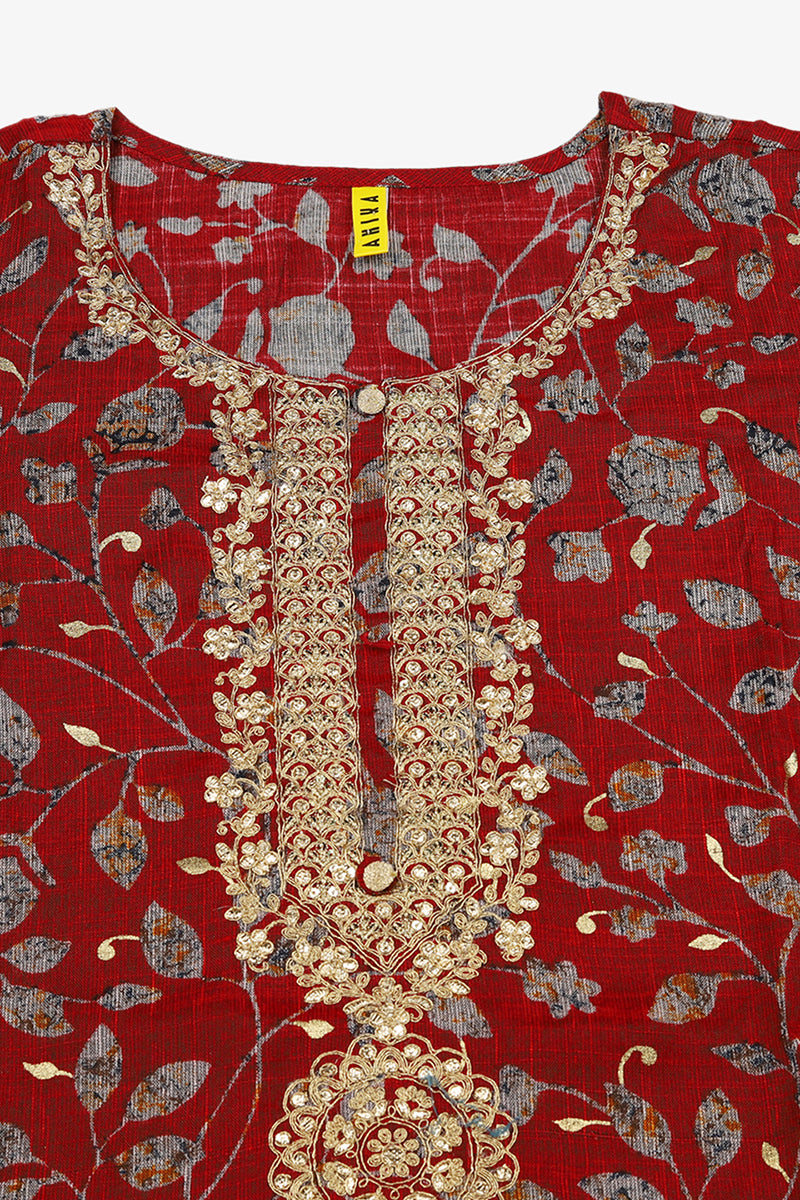 Women's Red Viscose Rayon Embroidered Kurta - Ahika