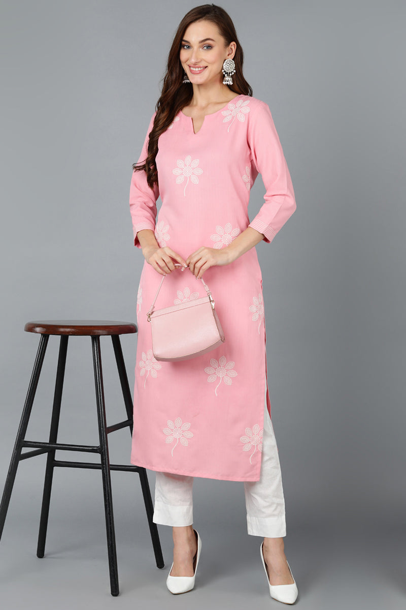 Women's Rose Pink Cotton Blend Embroidered Workwear Kurta  - Ahika