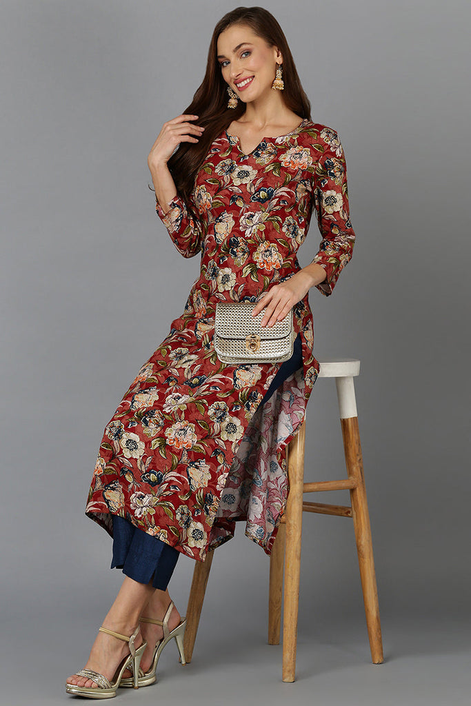 Women's Cotton Blend Maroon Floral Printed Regular Fit Kurta