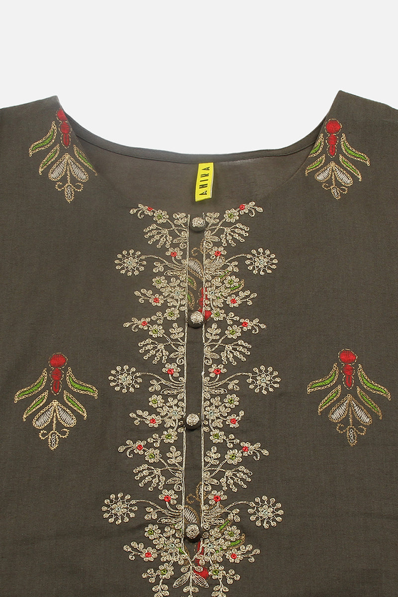 Women's Cotton Pine Green Embroidered Regular Fit Kurta - Ahika