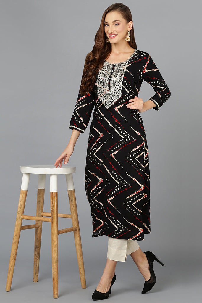 Women's Viscose Rayon Black Printed Regular Fit Kurta
