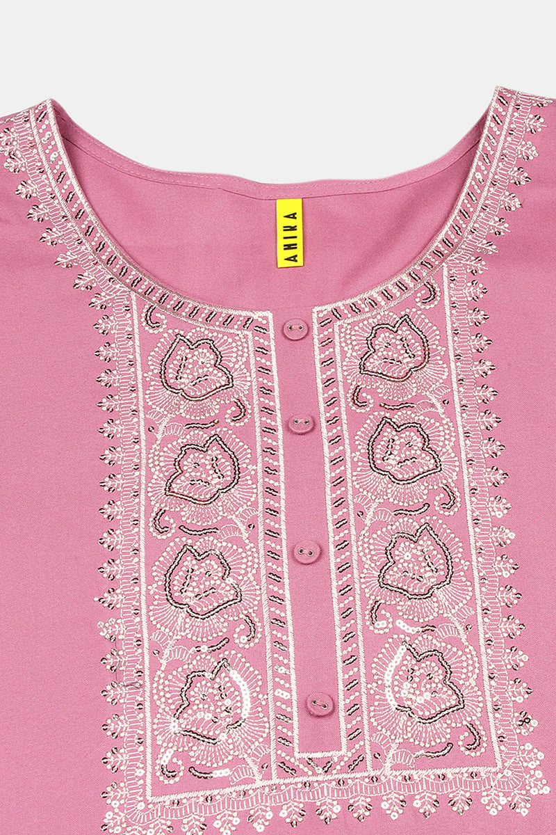 Women's Rayon Pink Embroidered Regular Fit Kurta - Ahika
