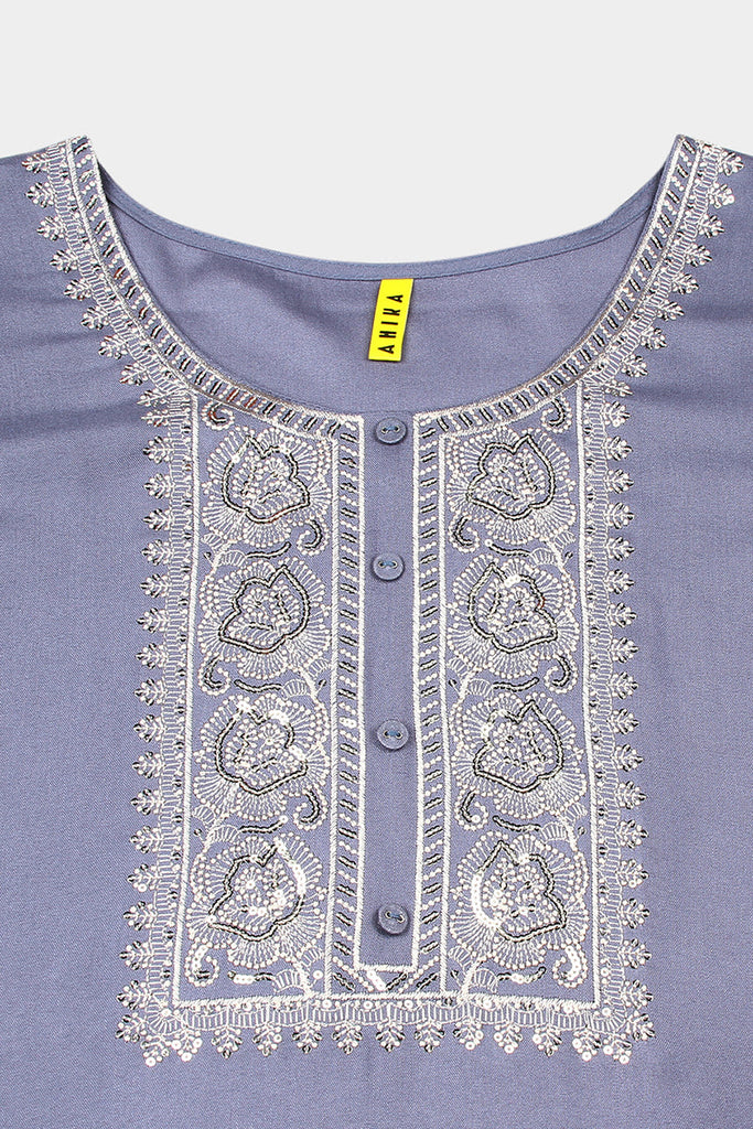Women's Viscose Rayon Blue Pottery Embroidered Regular Fit Kurta