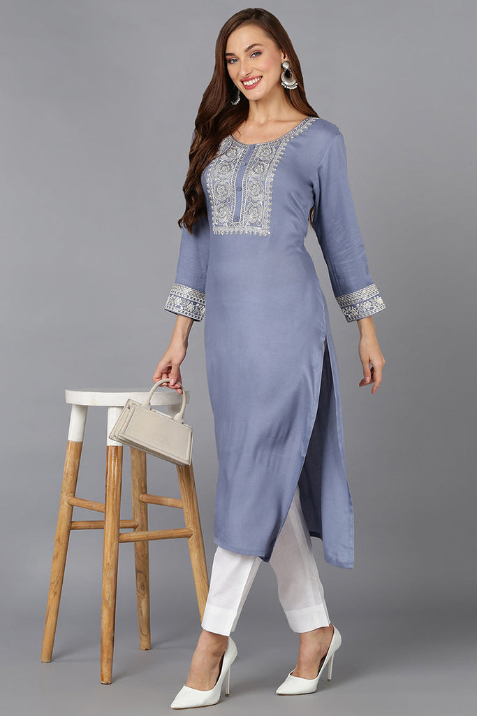 Women's Viscose Rayon Blue Pottery Embroidered Regular Fit Kurta