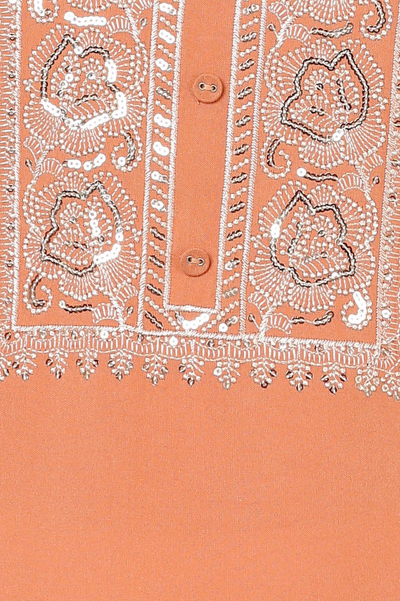 Women's  Viscose Rayon Coral Peach Embroidered Regular Fit Kurta - Ahika