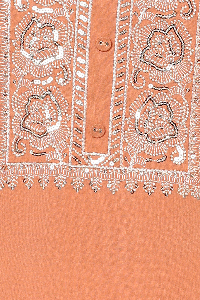 Women's  Viscose Rayon Coral Peach Embroidered Regular Fit Kurta