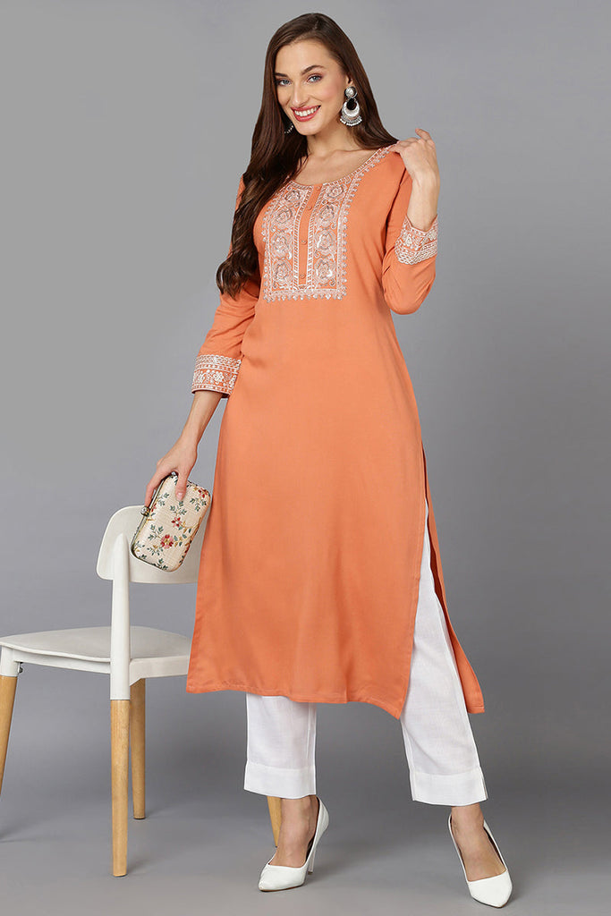 Women's  Viscose Rayon Coral Peach Embroidered Regular Fit Kurta