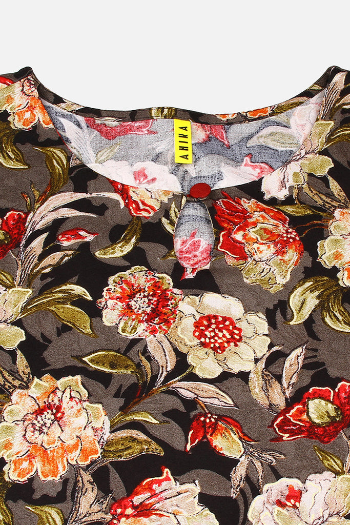 Women's Cotton Blend Black Floral Printed Regular Fit Kurta