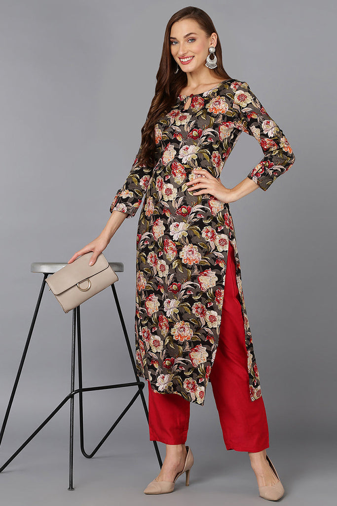 Women's Cotton Blend Black Floral Printed Regular Fit Kurta