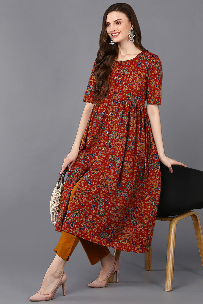 Women's Cotton Red Floral Printed Flared Kurta