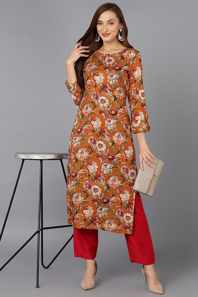 Women's Cotton Blend Mustard Floral Printed Regular Fit Kurta
