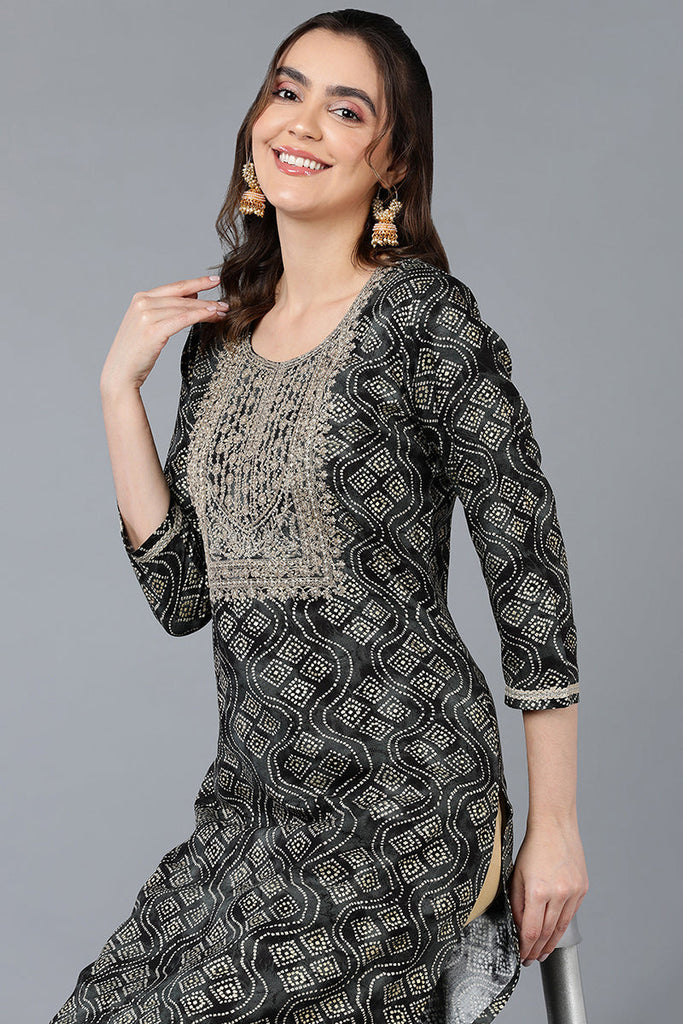 Women's Viscose Rayon Black Bandhani Printed Regular Fit Kurta