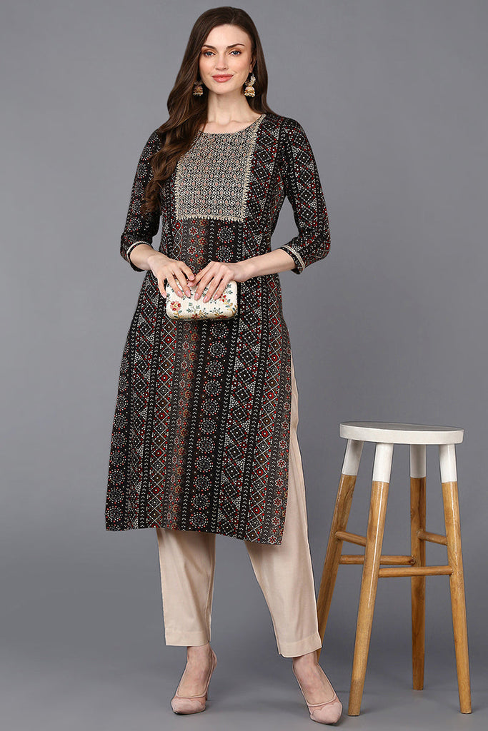 Women's Viscose Rayon Black Bandhani Printed Regular Fit Kurta