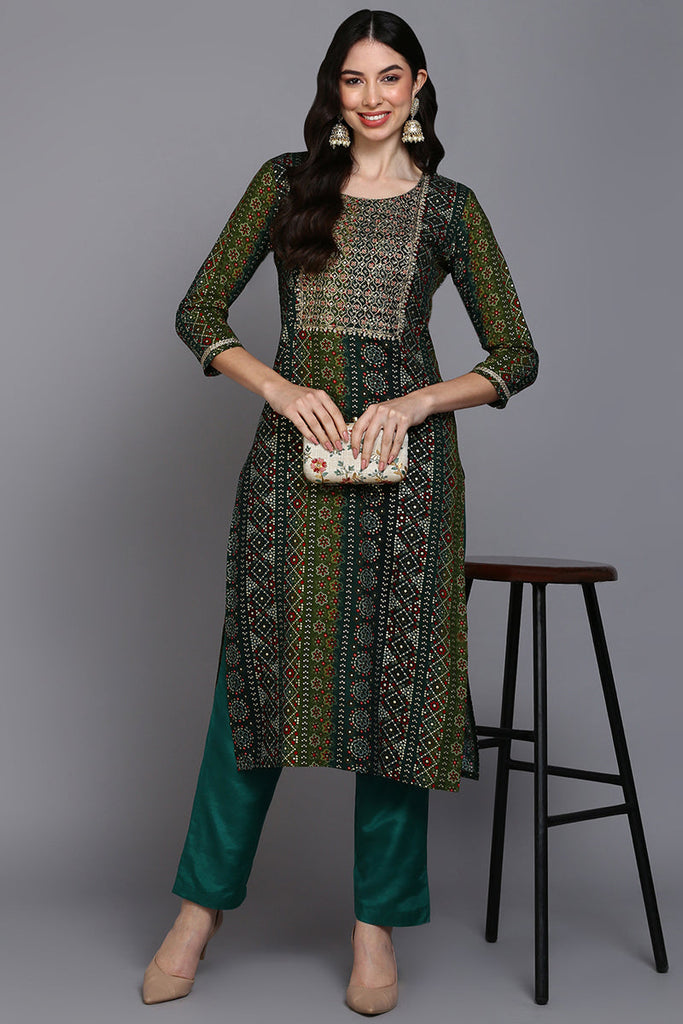 Women's Viscose Rayon Green Bandhani Printed Regular Fit Kurta