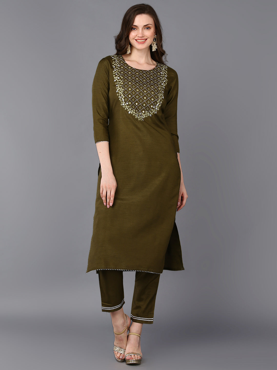 Women's Silk Blend Mehendi Green Embroidered Regular Fit Kurta - Ahika