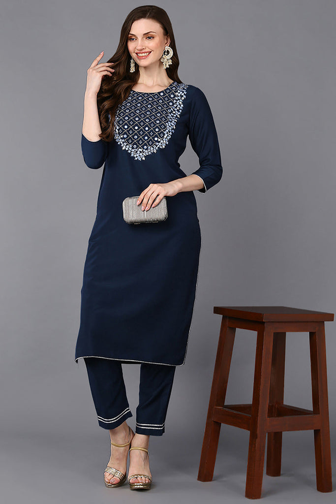 Women's Silk Blend Blue Embroidered Regular Fit Kurta