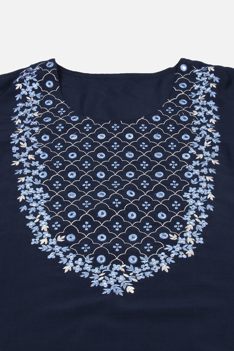 Women's Silk Blend Blue Embroidered Regular Fit Kurta - Ahika