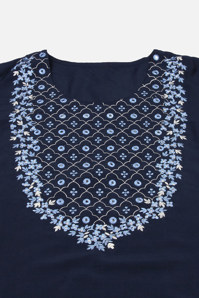 Women's Silk Blend Blue Embroidered Regular Fit Kurta