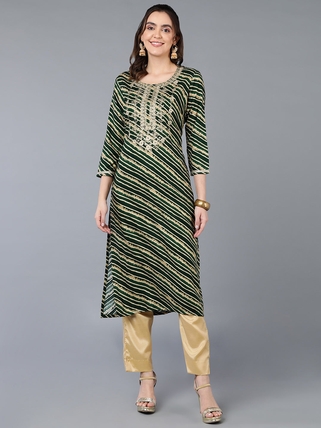 Women's Viscose Rayon Green Laheriya Printed Regular Fit Kurta - Ahika