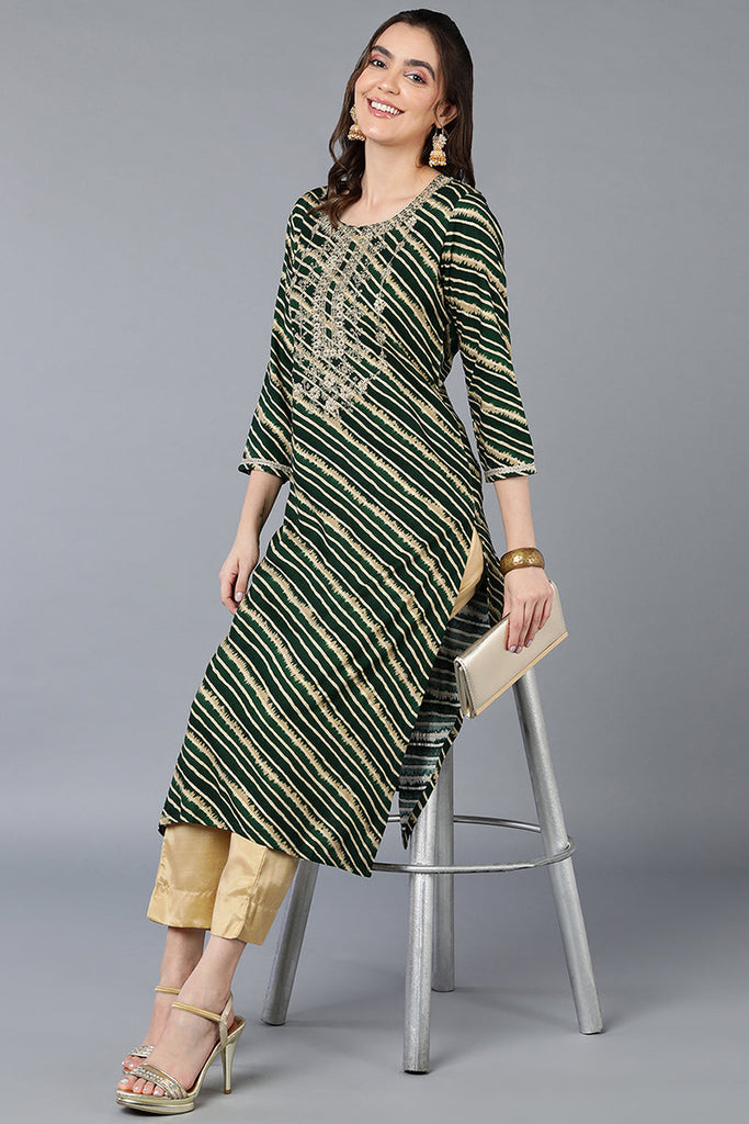 Women's Viscose Rayon Green Laheriya Printed Regular Fit Kurta