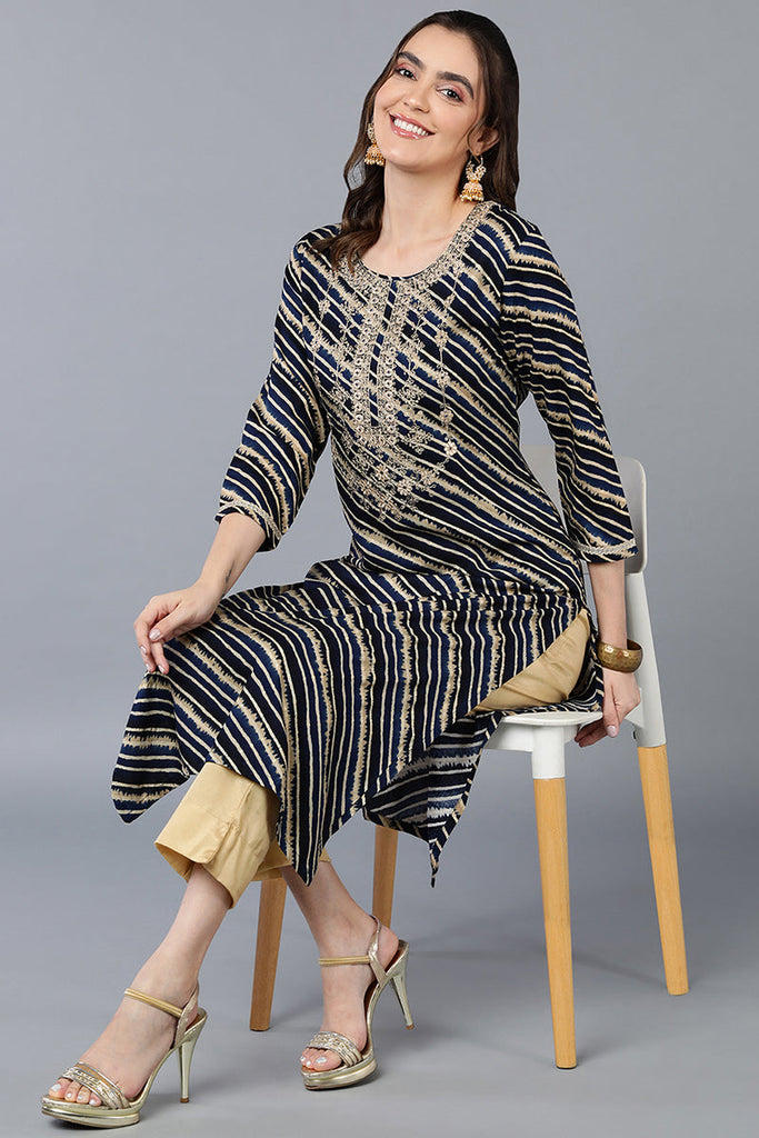 Women's Viscose Rayon Navy Blue Laheriya Printed Regular Fit Kurta