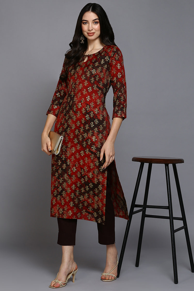 Women's Silk Blend Red Printed Regular Fit Kurta - Ahika