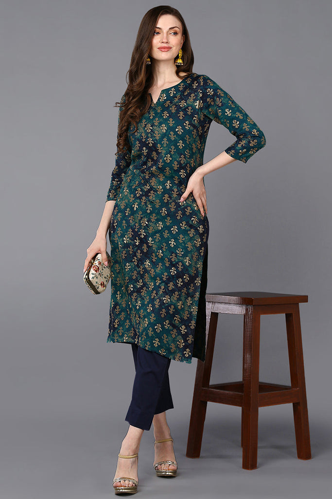 Women's Silk Blend Blue Printed Regular Fit Kurta