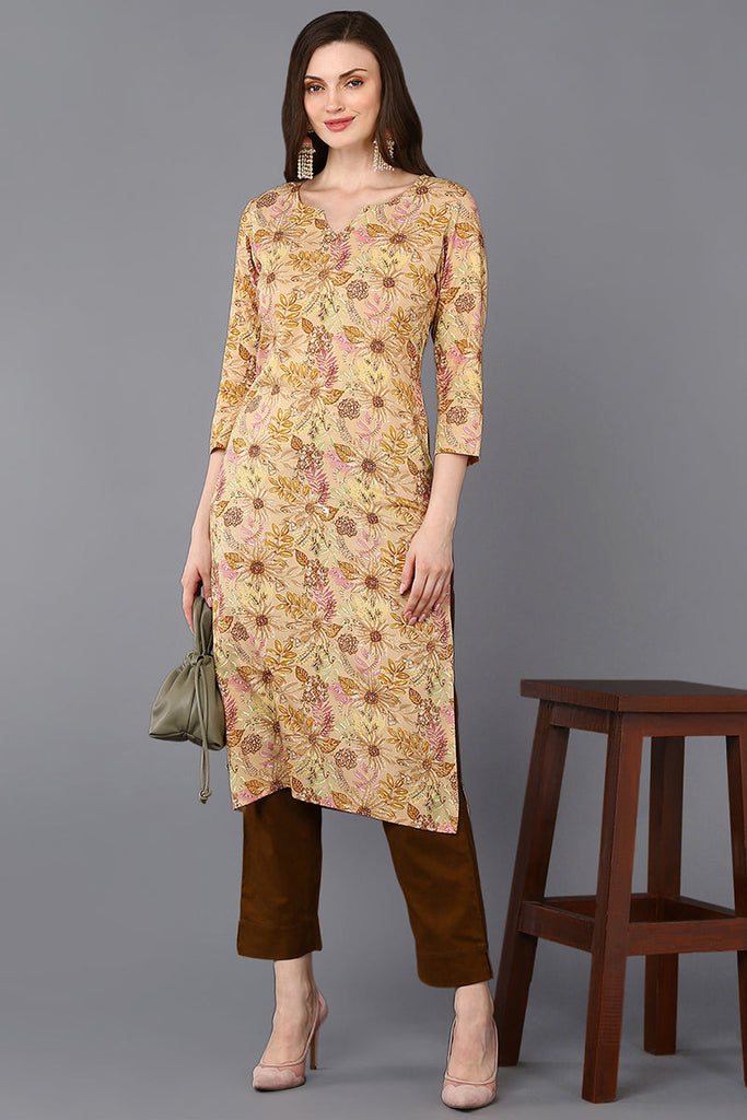 Women's Viscose Rayon Chikoo Floral Printed Regular Fit Kurta