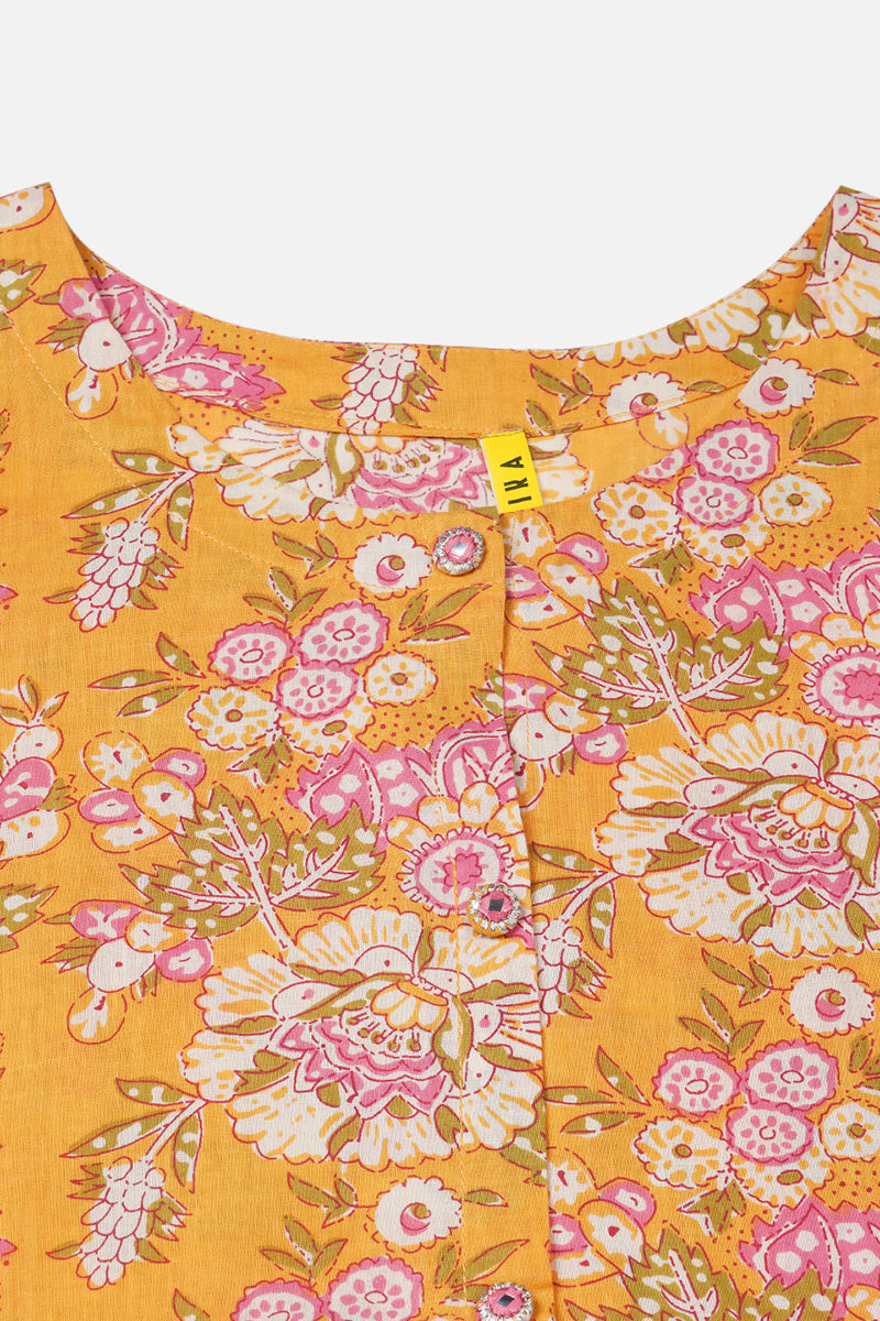 Women's Cotton Yellow Floral Printed Flared Kurta - Ahika