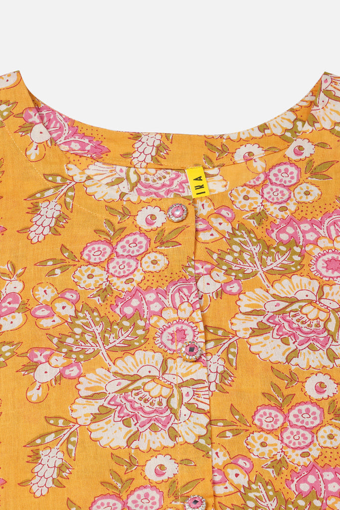 Women's Cotton Yellow Floral Printed Flared Kurta