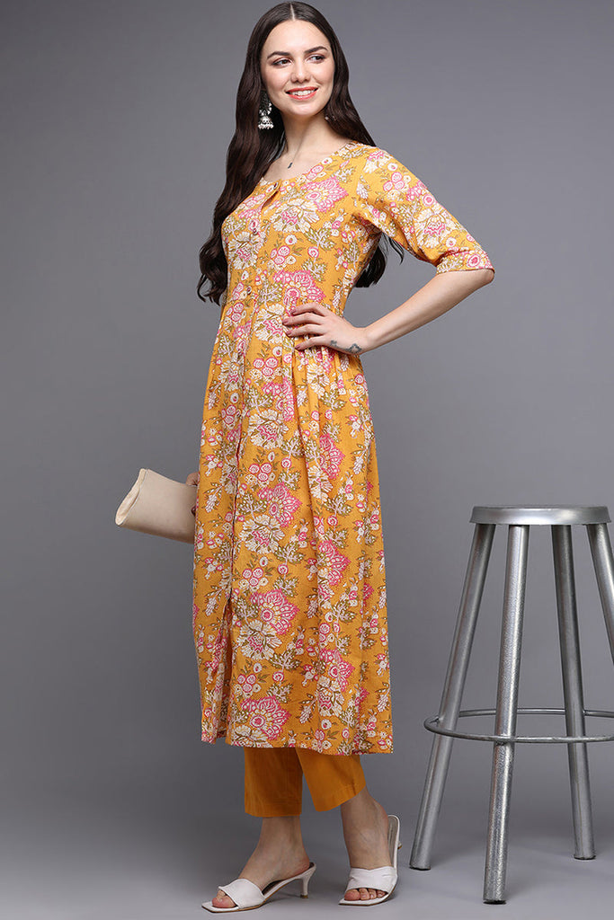 Women's Cotton Yellow Floral Printed Flared Kurta