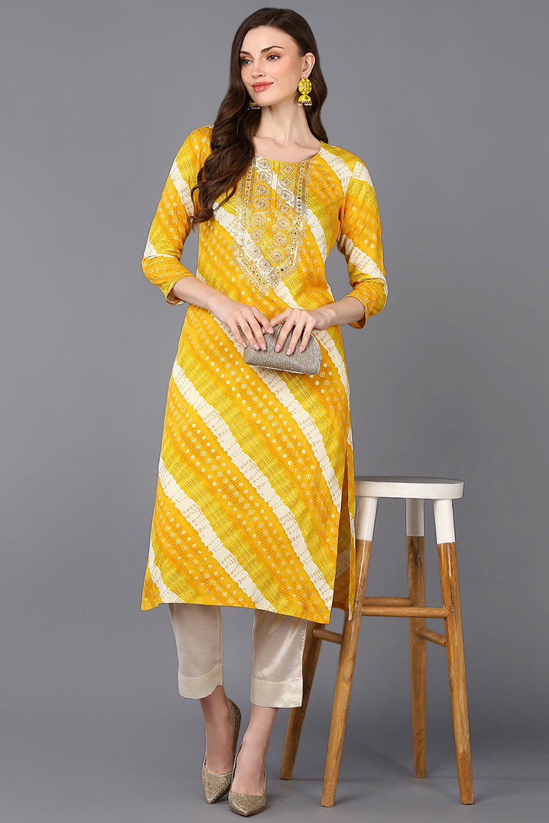 Women's Viscose Rayon Yellow Laheriya Printed Regular Fit Kurta - Ahika
