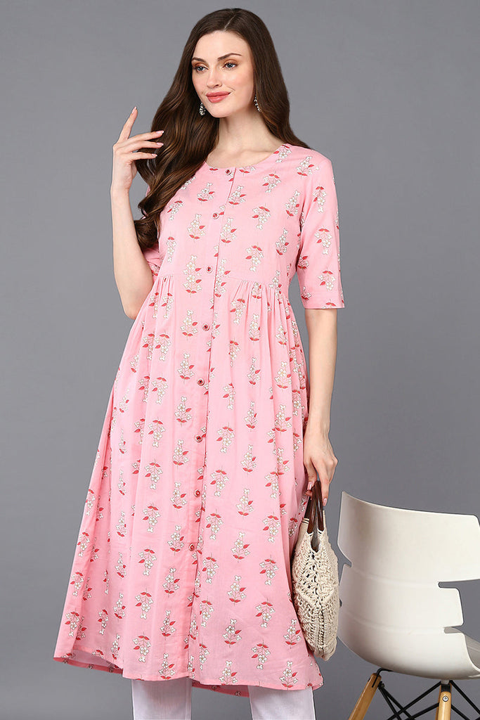 Women's Cotton Pink Printed Flared Kurta
