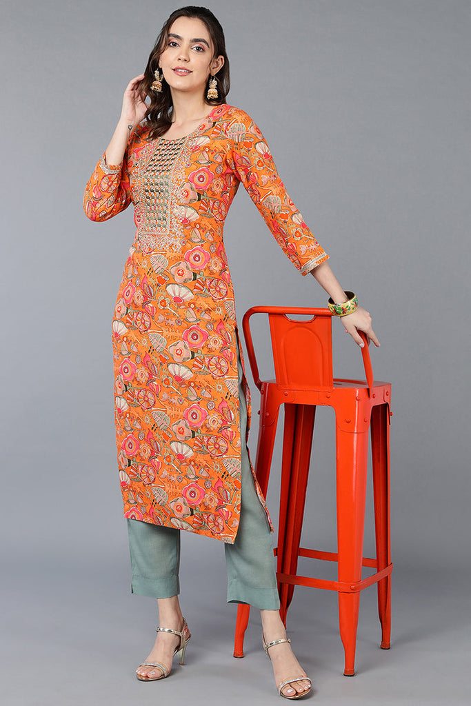 Women's Viscose Rayon Orange Floral Printed Regular Fit Kurta