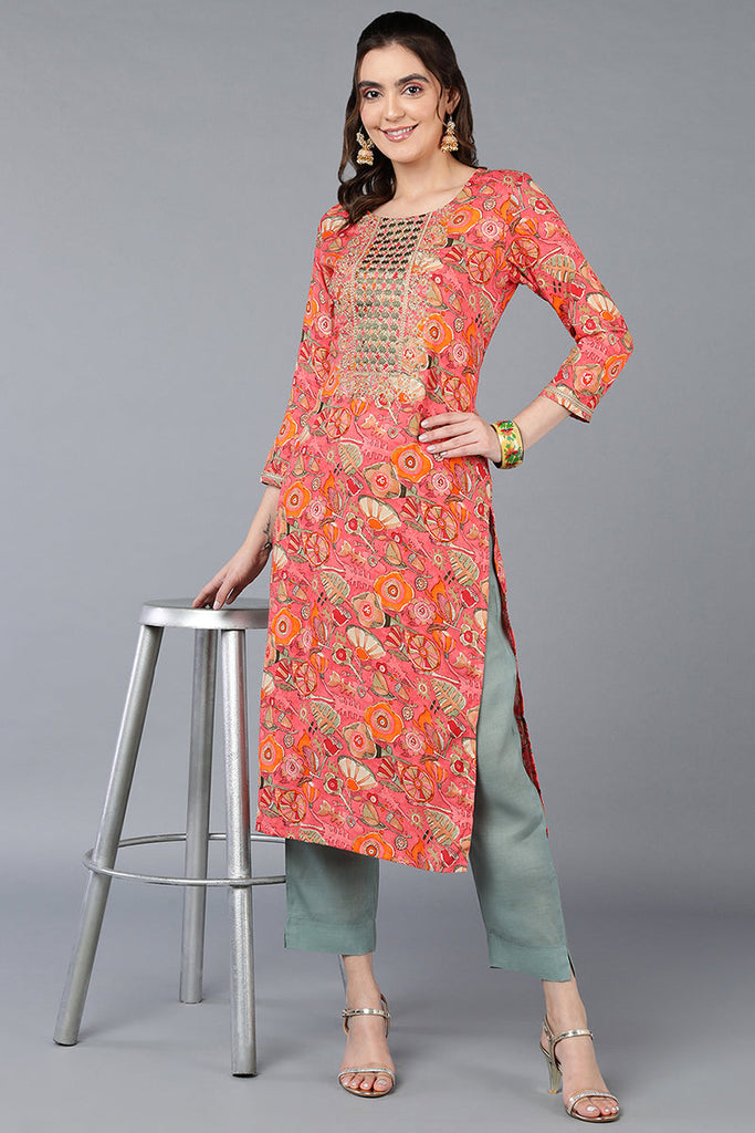 Women's Viscose Rayon Pink Floral Printed Regular Fit Kurta