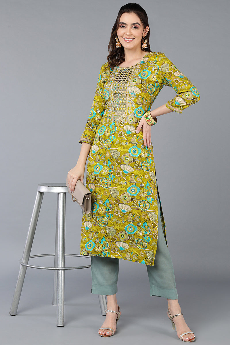 Women's Viscose Rayon Green Floral Printed Regular Fit Kurta - Ahika