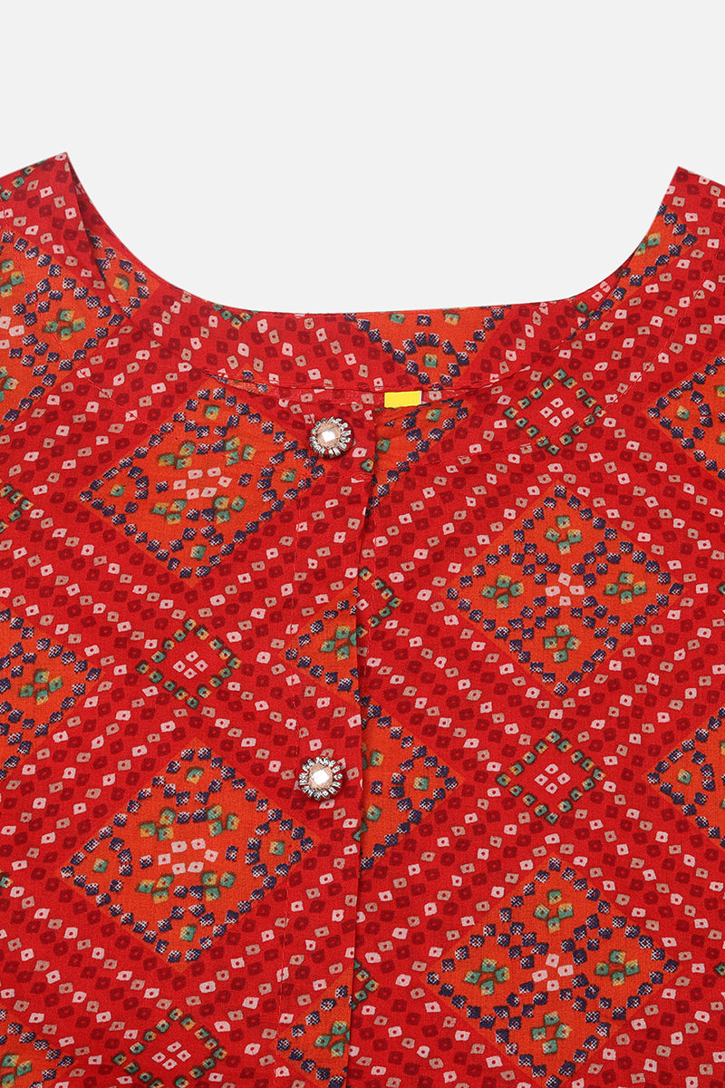 Women's Cotton Red Bandhani Printed Flared Kurta - Ahika