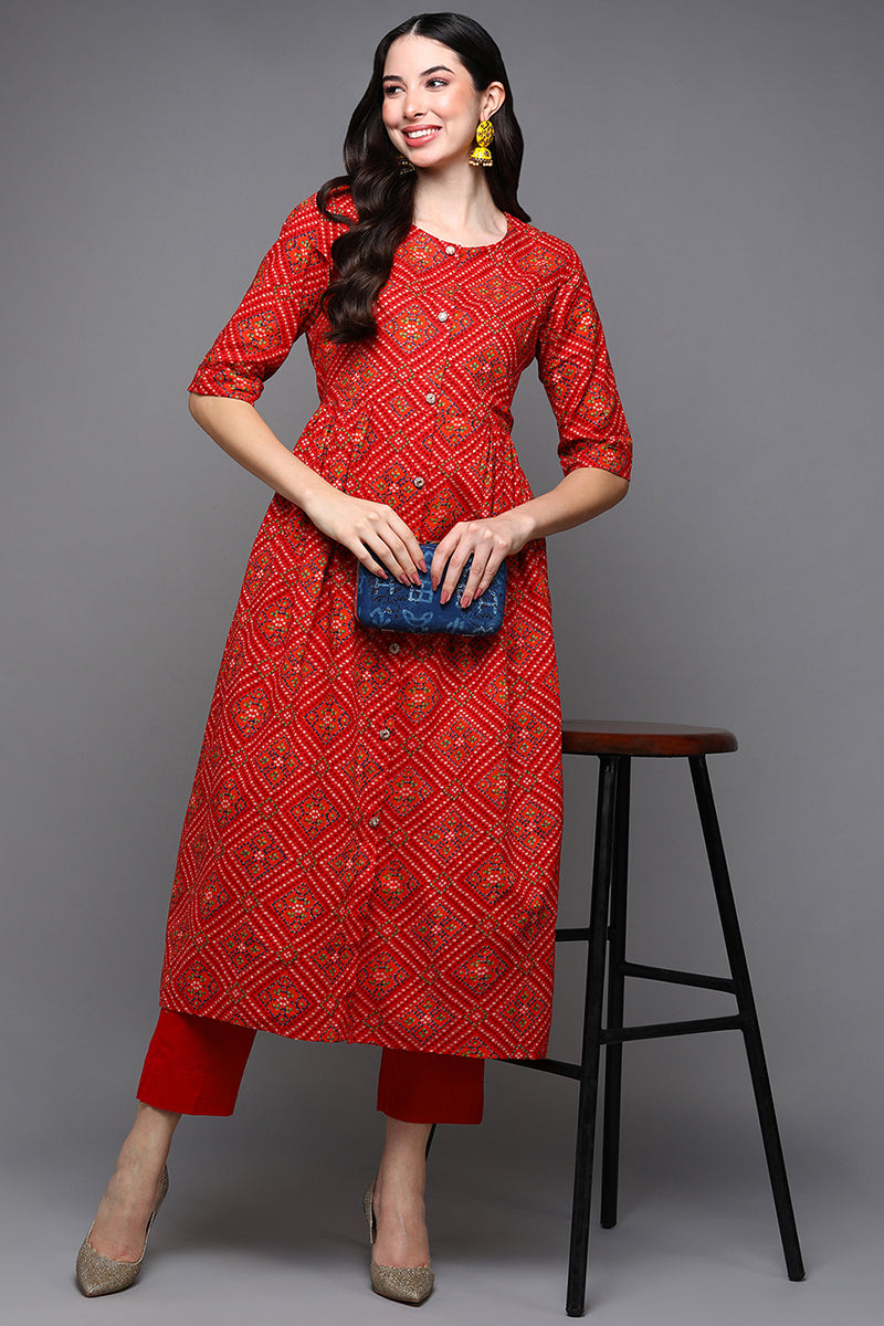 Women's Cotton Red Bandhani Printed Flared Kurta - Ahika