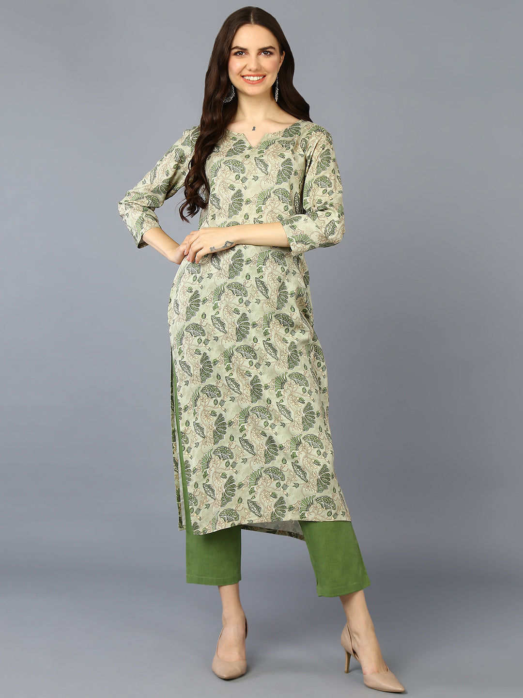 Women's Viscose Rayon Pista Green Floral Printed Regular Fit Kurta - Ahika