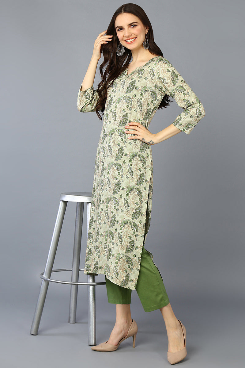 Women's Viscose Rayon Pista Green Floral Printed Regular Fit Kurta - Ahika